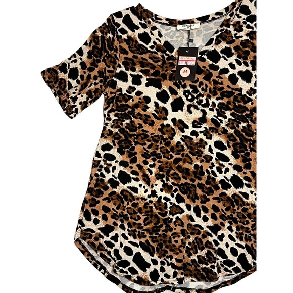 NWT Zenana Leopard Print V-Neck Blouse Tunic Stretchy Short Sleeve Office Boho - Picture 3 of 10